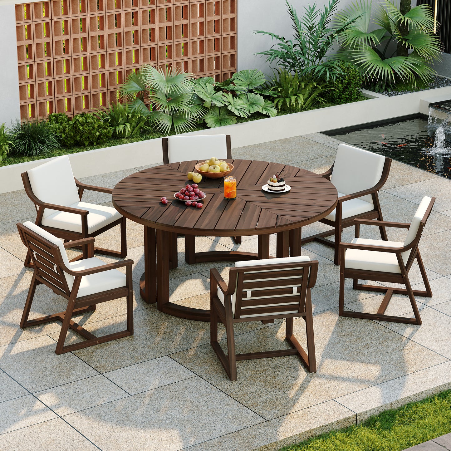 TREXM Patio Dining Table Set For 6 Round Dining Table With 1.96 Umbrella Hole Outdoor Wooden Patio Furniture Set With Removable Cushions For Garden Backyard And Pools Mocha Beige Cushion