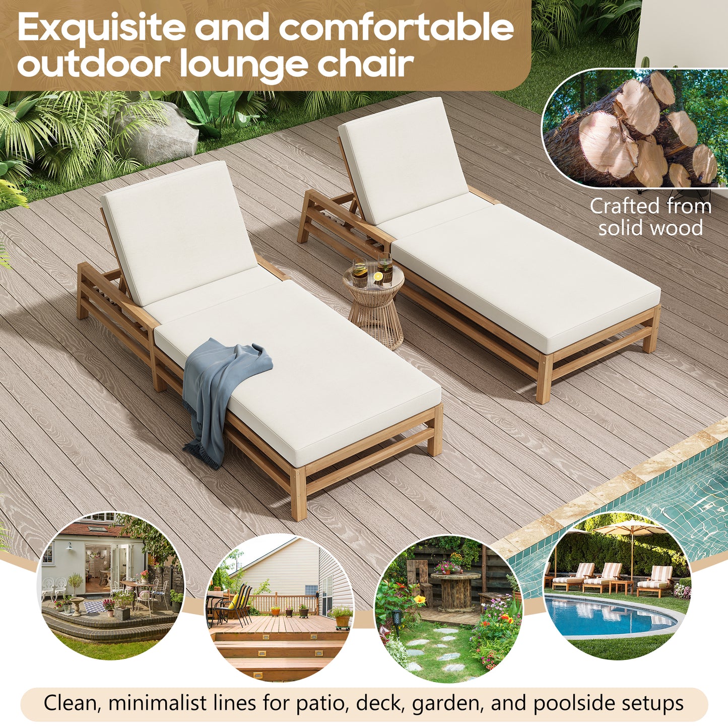TREXM 5-Position Adjustable Outdoor Chaise Lounge Set Of 2 Solid Wood Patio Recliner Chair With Thick Cushions Weather-Resistant For Pool Balcony & Garden Light Teak