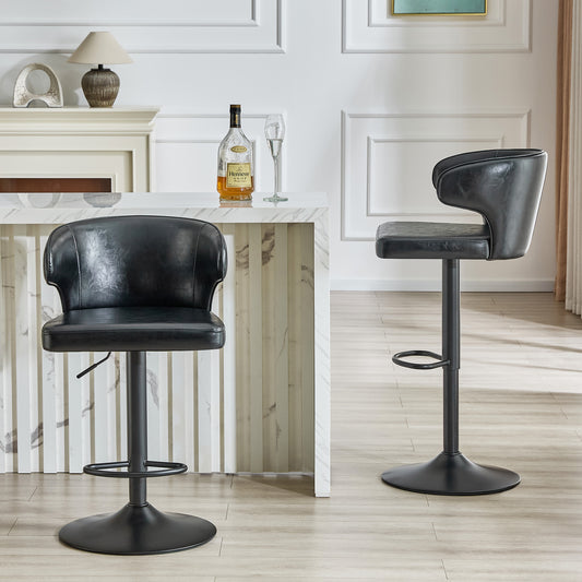 Modern Rotating Adjustable Bar Chair, Oil Wax Belt Backrest Swivel Chair, Suitable For Kitchen Bar Counter And Dining Room, Adjustable Height, Capable Of Bearing 300 Pounds Black -2 Pieces