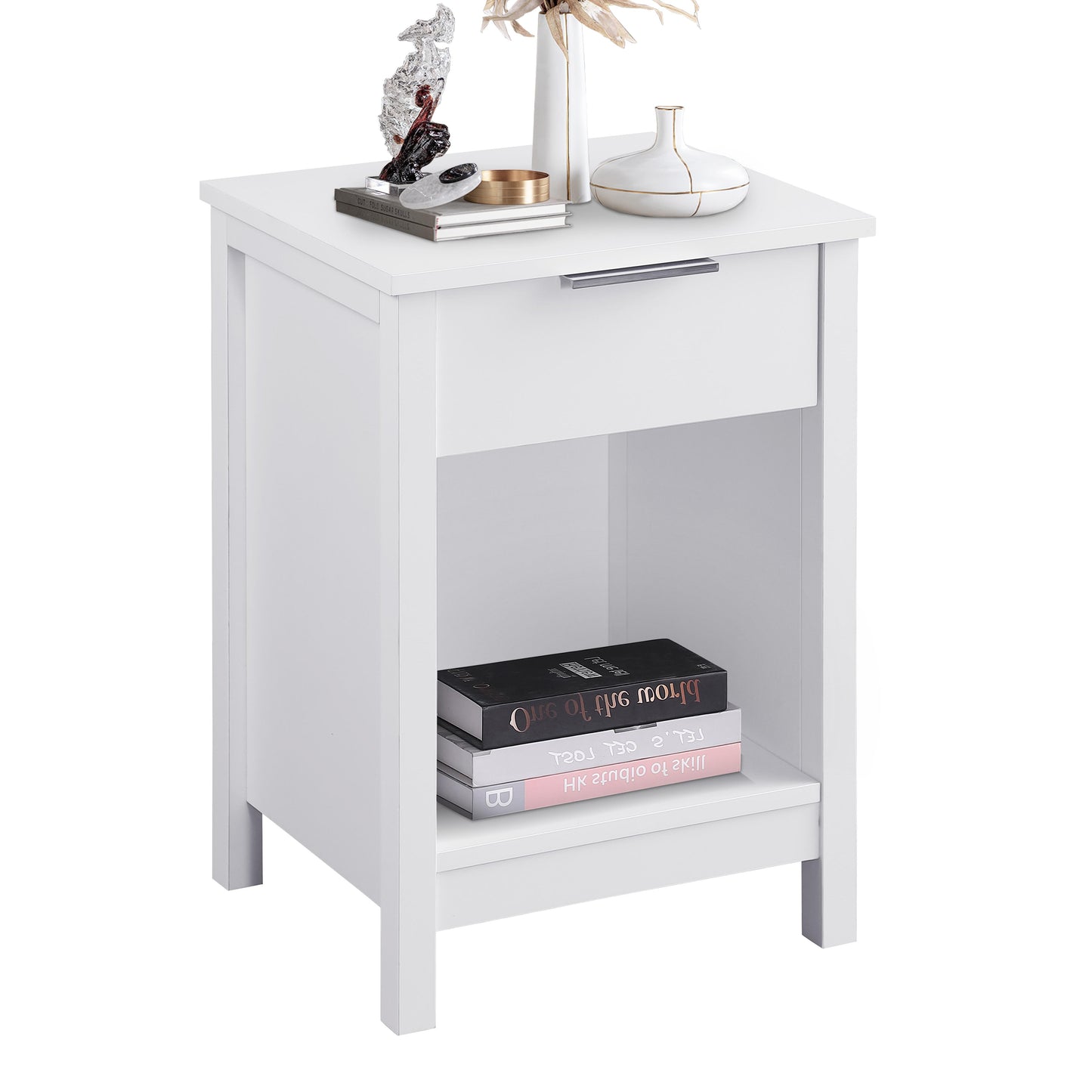 Nightstand With Drawer,3-Tier End Side Table With Storage Drawer And Shelf,Modern Bedside Night Stand For Bedroom, Living Room-Retro White