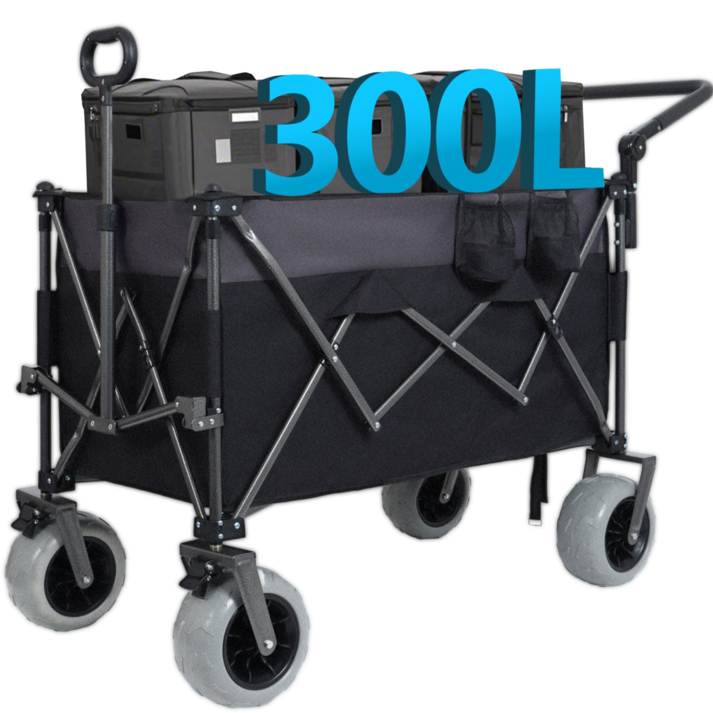 Multi- Functional Push- Pull Folding Wagon Cart With Rotating Handle & 9 X4 Beach Tires For Camping & Beach - 300L XL Heavy- Duty Large Capacity For Transport Groceries And Outdoor Use