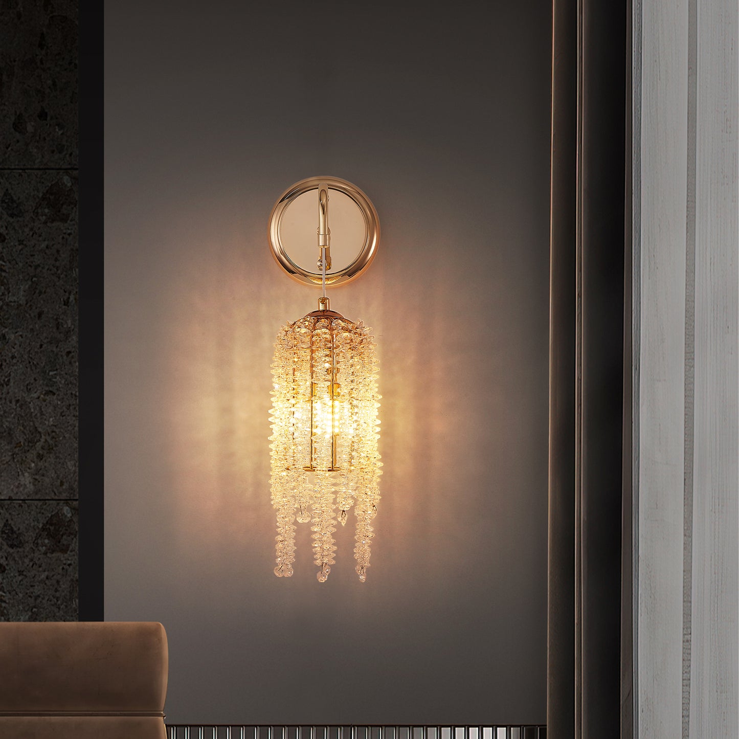 Set Of 2 Gold Frame And Cascading Crystal Bead String Wall Sconces, E12 Bulb Socket, Elegant Hanging Light Fixture For Living Room, Bedroom, Hallway Bulb Not Included
