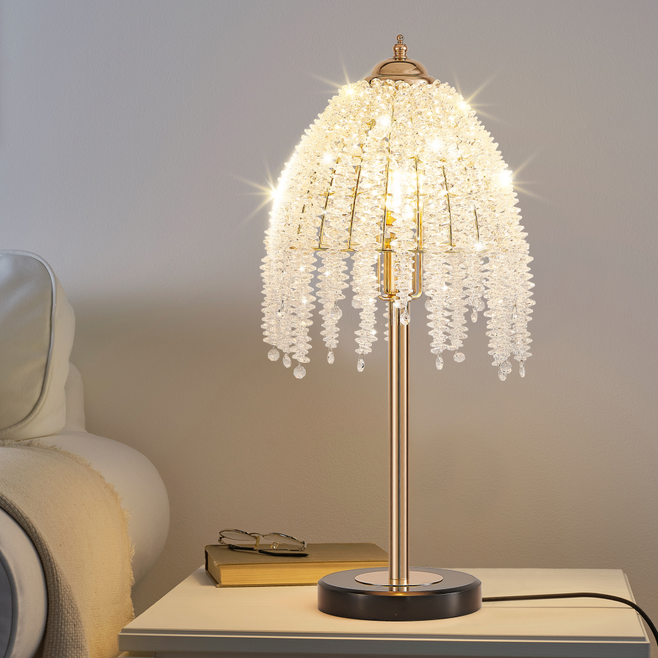 19inch H Elegant Crystal Table Lamp Vintage Waterfall Design With Crystal Bead String Shades And Marble Textured Base For Living Room, Bedroom, Or Office Bulb Not Included