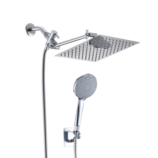 Chrome Shower Head, 10 Inch High Pressure Rainfall Shower Head Handheld Shower Combo With 11 Inch Extension Arm, 6 Settings Adjustable Anti-leak Shower Head With Holder Hose, Height Angle Adjustable