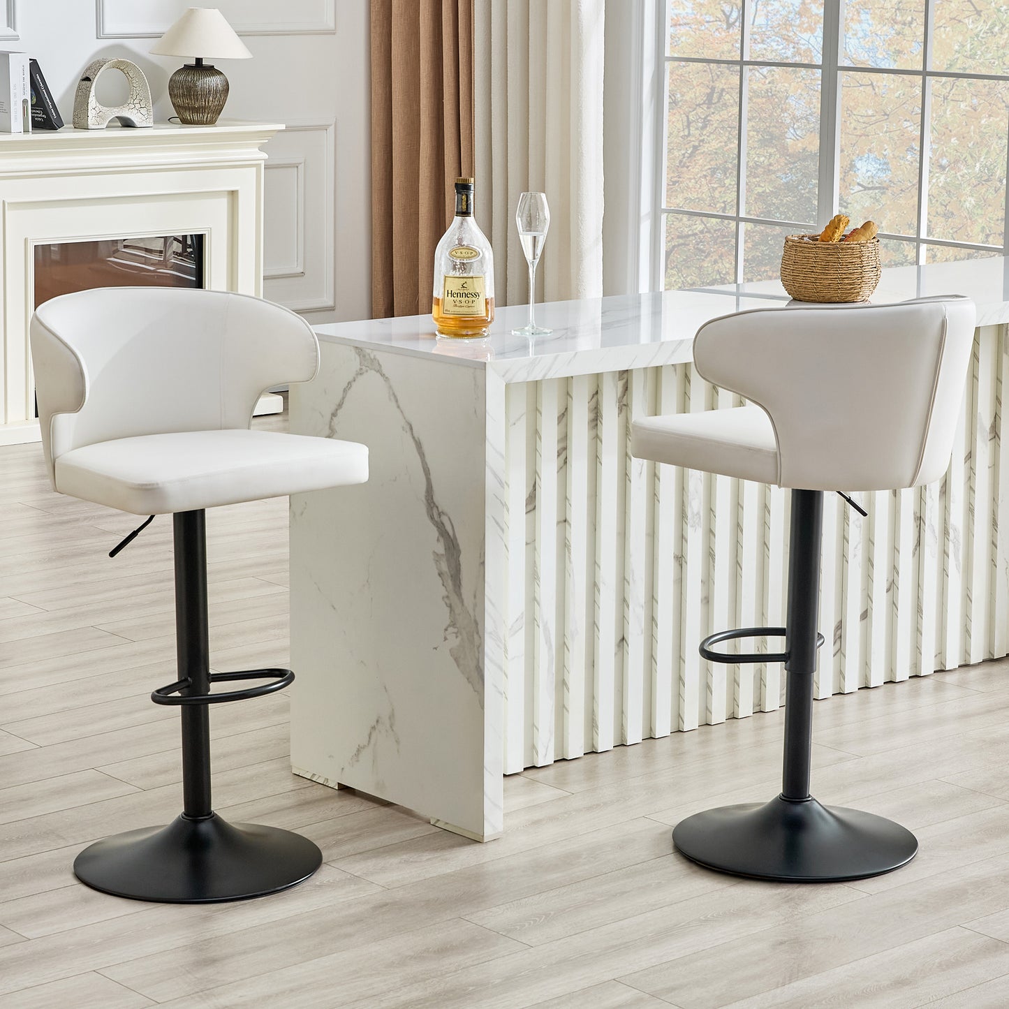 Modern Rotating Adjustable Bar Chair, PU Leather Belt Backrest Swivel Chair, Suitable For Kitchen Bar Counter And Dining Room, Adjustable Height, Capable Of Bearing 300 Pounds White -2 Pieces