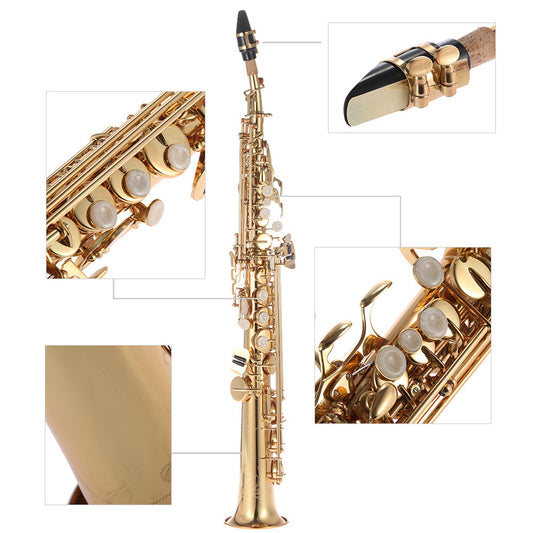 Brass Straight Soprano Sax Saxophone Bb B Flat Woodwind Instrument Nature Shell Key Carve Pattern With Carrying Case Gloves Cleaning Cloth Straps Cleaning Rod