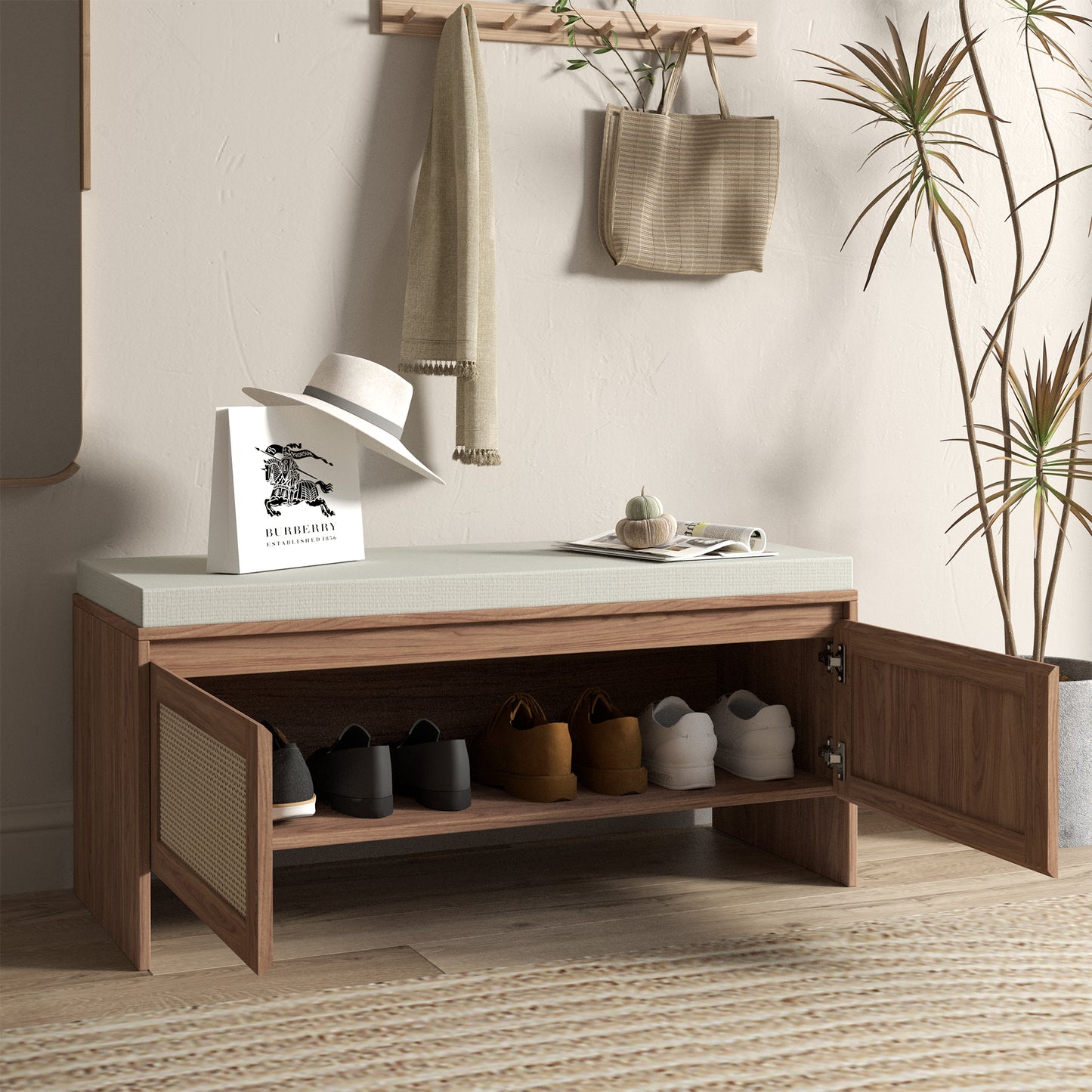 PP Rattan Storage Bench With Cushion, Faux Rattan Shoe Cabinet With 2 Doors, Mid-Century Modern Wood Entryway Seat, For Bedroom, Hallway, Mudroom, Natural Finish