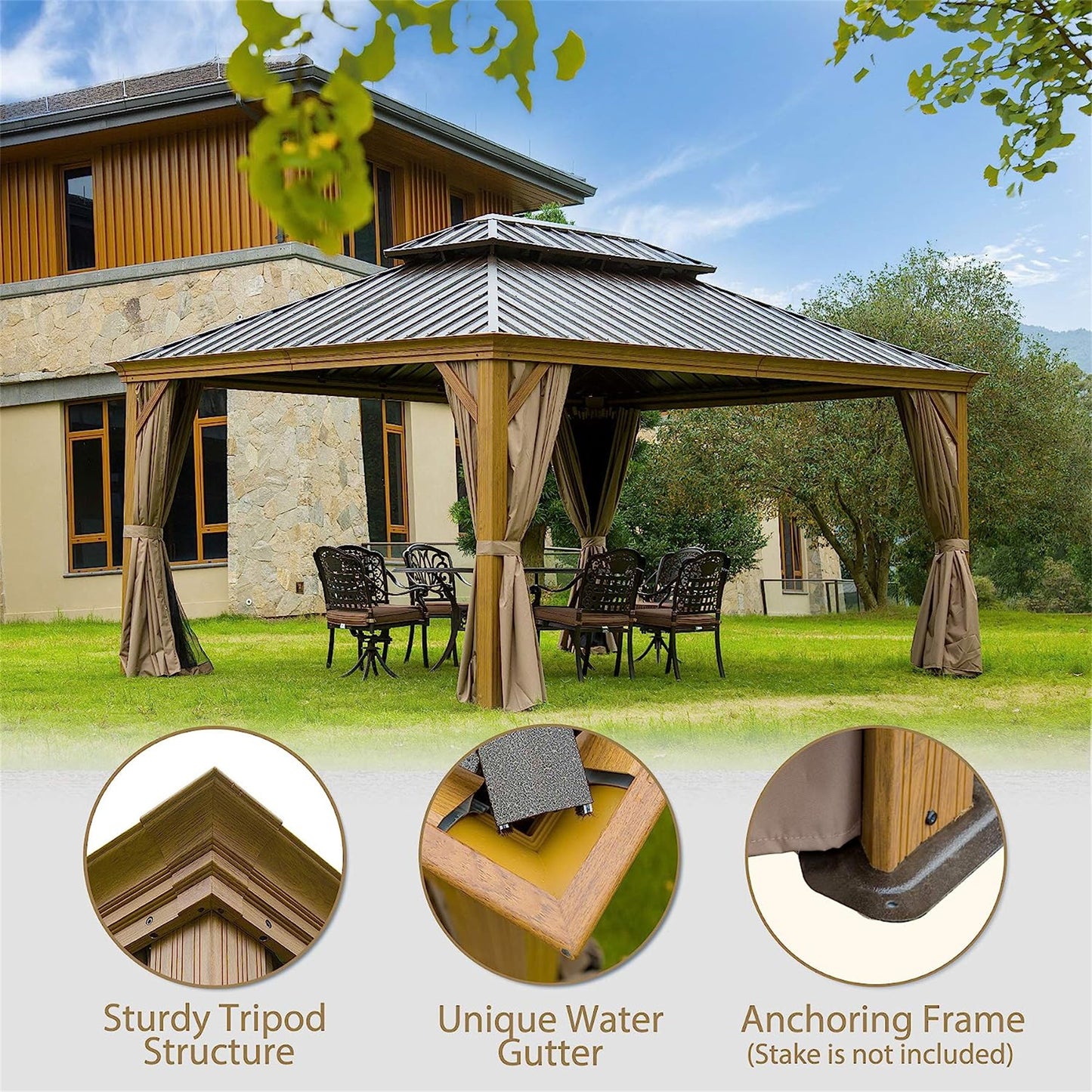 12 X14 Hardtop Gazebo, Wooden Coated Aluminum Frame Canopy With Galvanized Steel Double Roof, Outdoor Permanent Metal Pavilion With Curtains And Netting For Patio, Deck And Lawn Wood-Looking