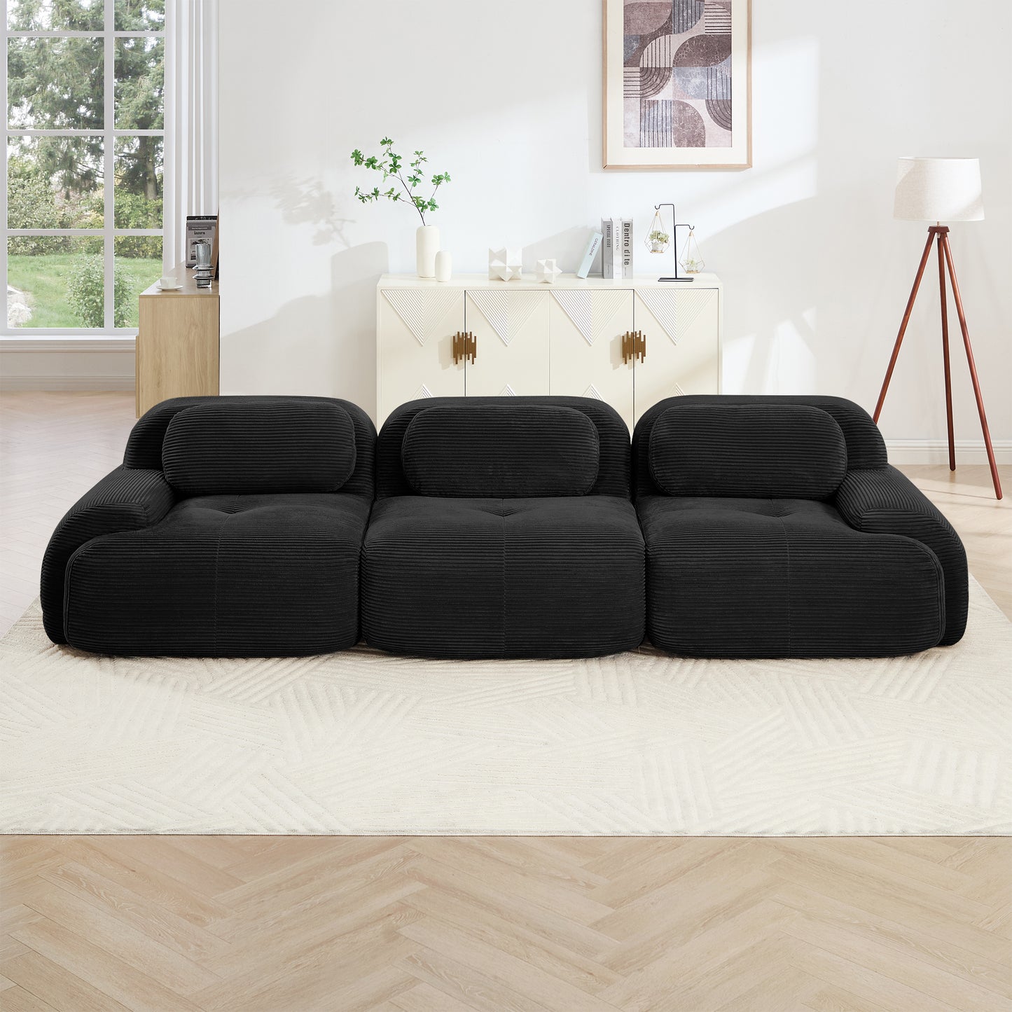 3-seat Sofa PremiumCorduroy Fabric Fabric Modular Multi-combination Anti-slip Design No Assembly Curved Armrests Ergonomic Support High-resilience Sponge For Living Rooms Bedrooms,Black