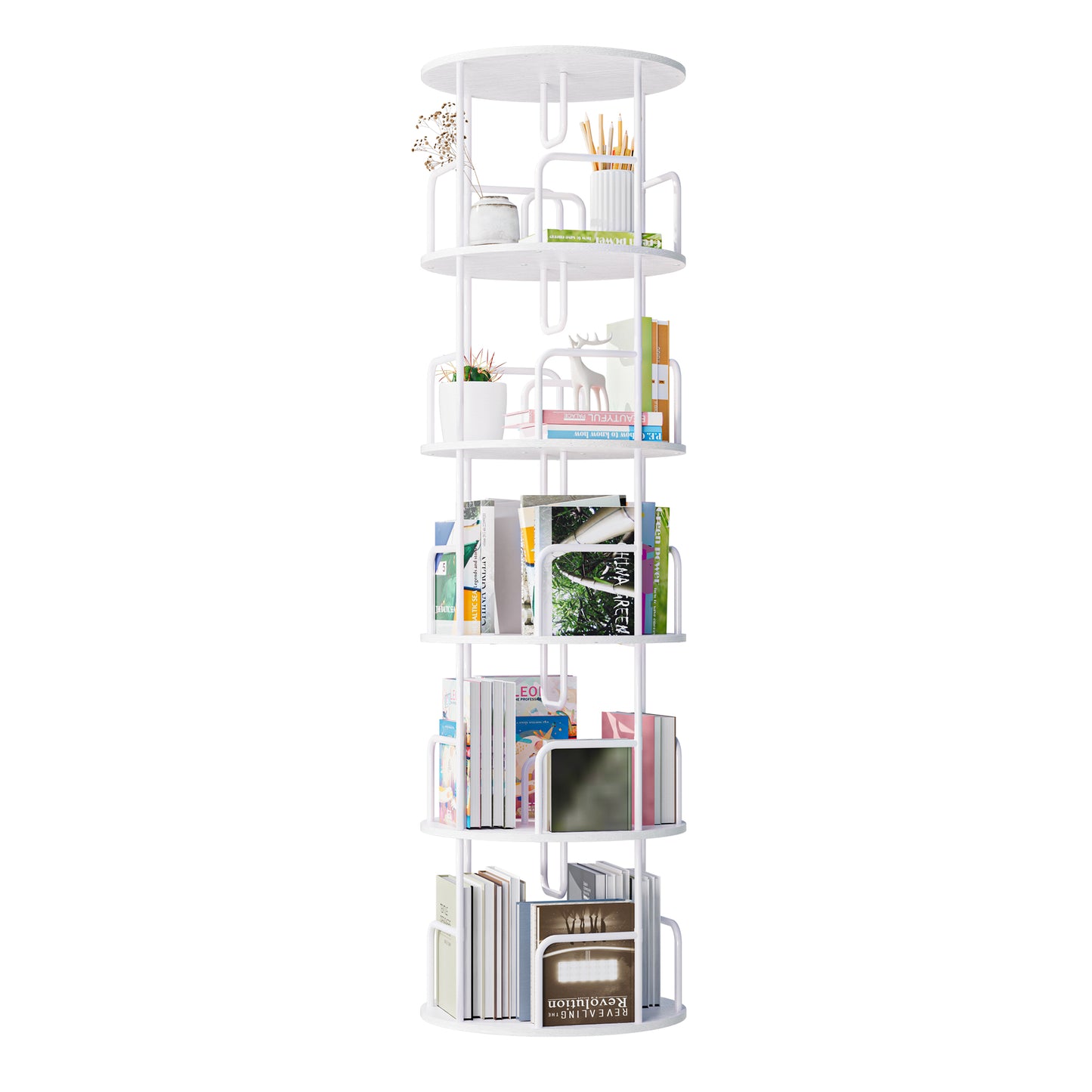 Rotating Bookshelf Tower 5 Tier Spinning Bookcase Revolving 360 Book Shelf Narrow Tall Bookcase Vertical Turning Round Storage Bookshelf Book Shelf Organizer For Bedroom Living Room White