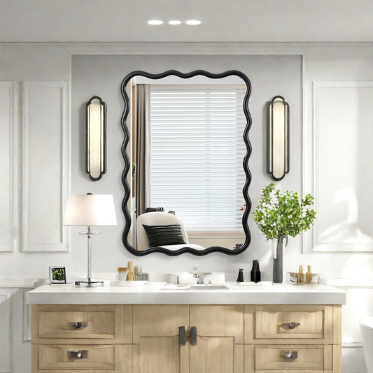 Solid Wood Wavy Rectangle Mirror-Black 40 X 28 Modern Mirror Wall Decor For Bathroom, Bedroom, Living Room, Dining Room, Cloakroom, Entryway
