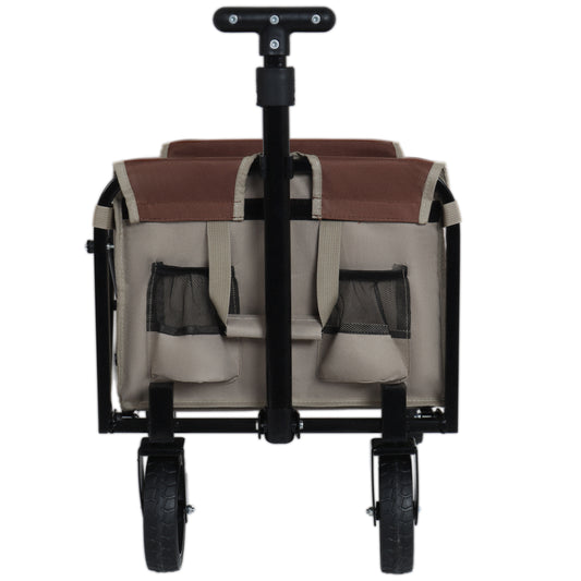 All- In- One Convertible Folding Camping Wagon Cart Bench Seat Storage Compartment & Included Dog Tether Beige Brown