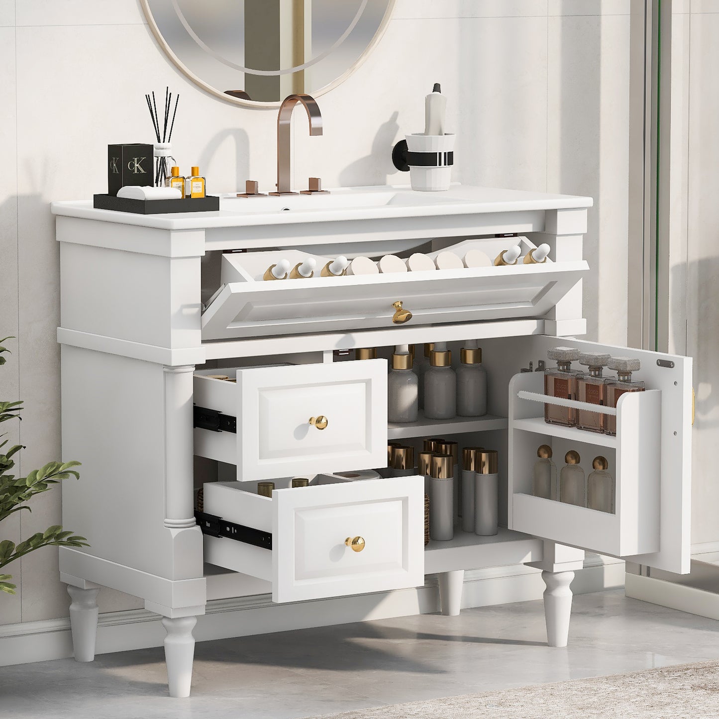 36 Bathroom Vanity With Sink, Freestanding Bathroom Cabinet With Ceramic Basin, Flip Drawer, Adjustable Shelf, Rubberwood Frame & MDF Panels, Metal Handles, White Painted Finish