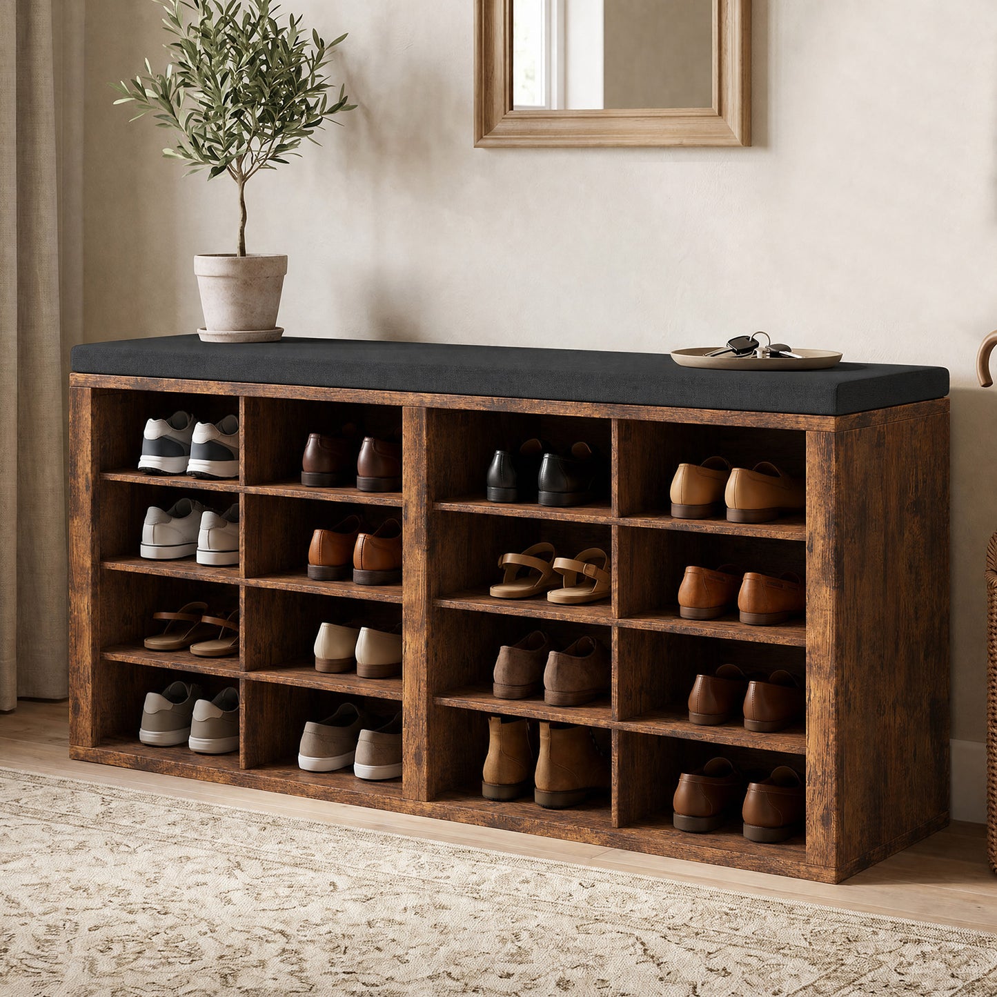 Shoe Storage Bench With Cushion 16 Cubby Shoe Rack Multifunctional Shoe Organizer Bench For Entryway Hallway Living Room Bedroom