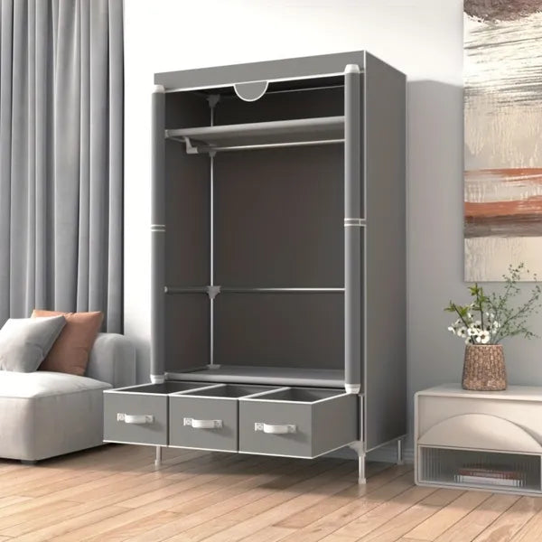 Portable Clothes Closet Rolling Door Wardrobe With Hanging Rack Non-Woven Fabric Storage Organizer With Three Drawer Boxes No-Tool Assembly - 67inx35.4inx17.7in Gray