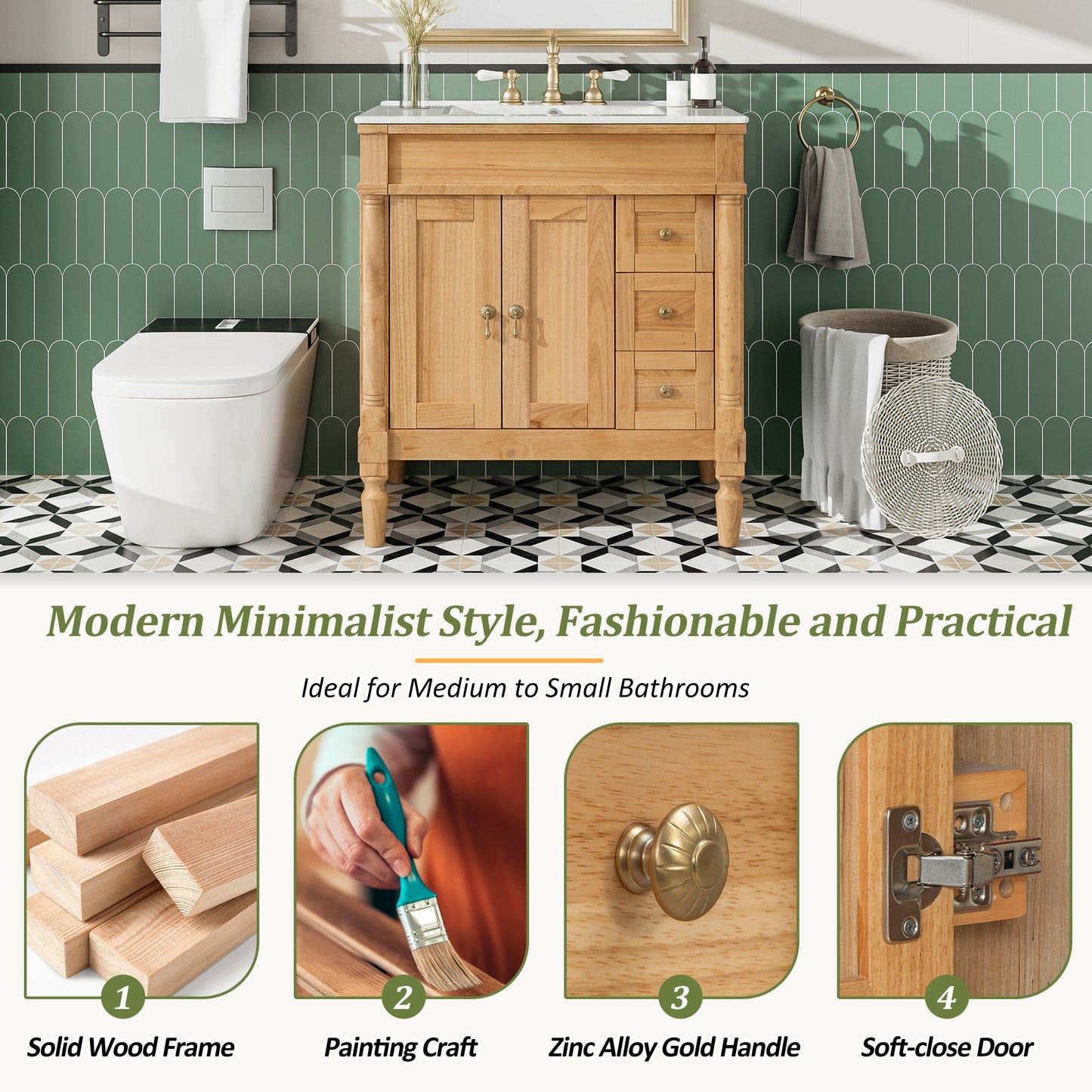 30-Inch Modern Bathroom Vanity, Solid Wood Frame MDF, 2 Doors 3 Drawers, Soft-Close Design, U-Shaped Adjustable Shelf, Ceramic Sink, Bathroom Storage Cabinet Set, Modern Elegant Design