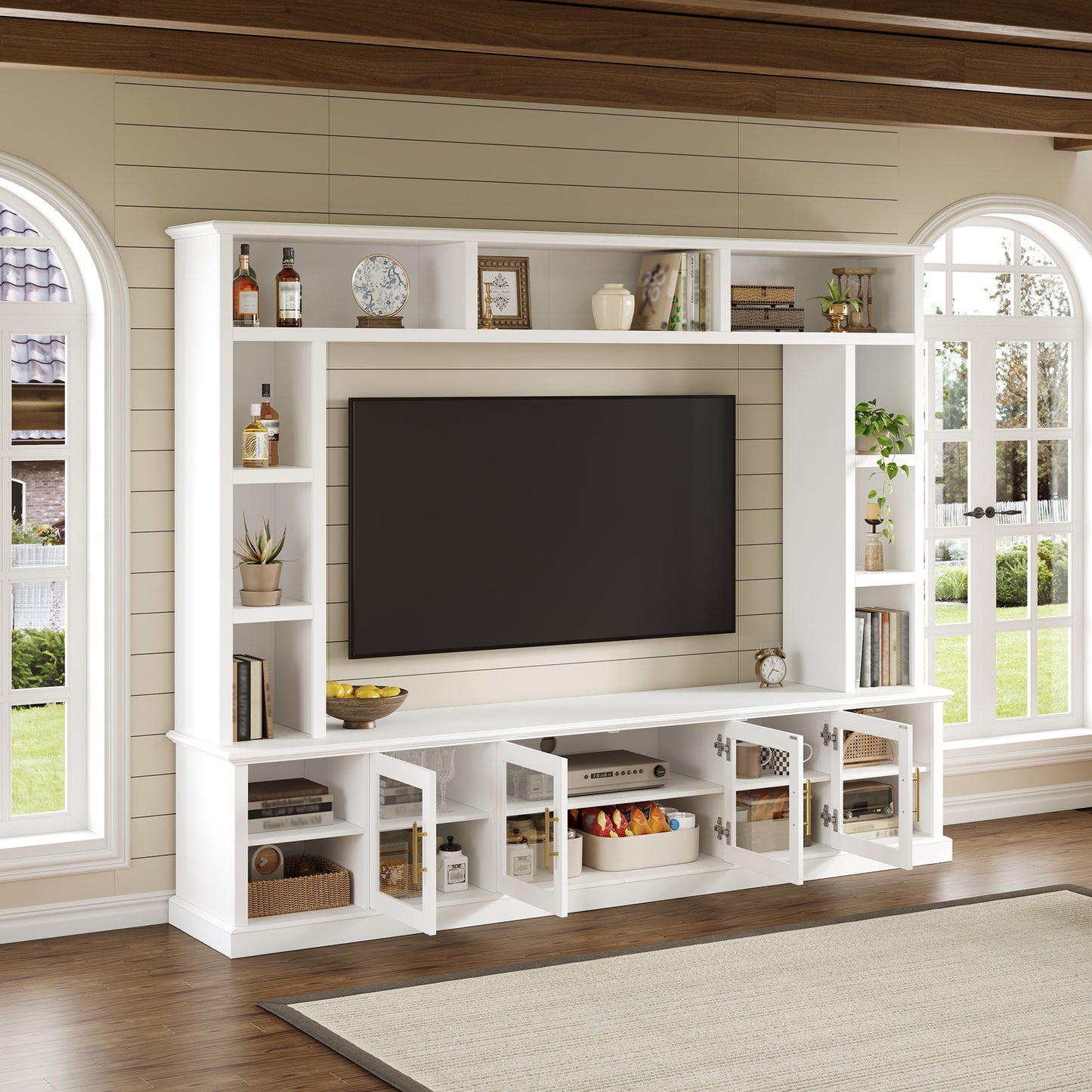 Entertainment Center Wall Unit For TVs Up To 80 , All-in-One Modern Entertainment Center With Bookshelves & Tempered Glass Doors, TV Console Unit With Shelving For Living Room, Entertainment