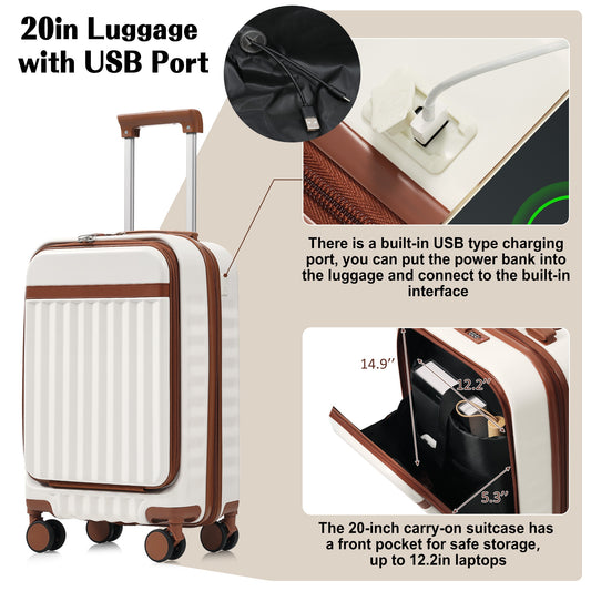 Luggage Set Of 3, 20inch With USB Port, Front Opening Design Airline Certified Carry On Luggage, ABS Hard Shell Luggage With Spinner Wheels,White And Brown