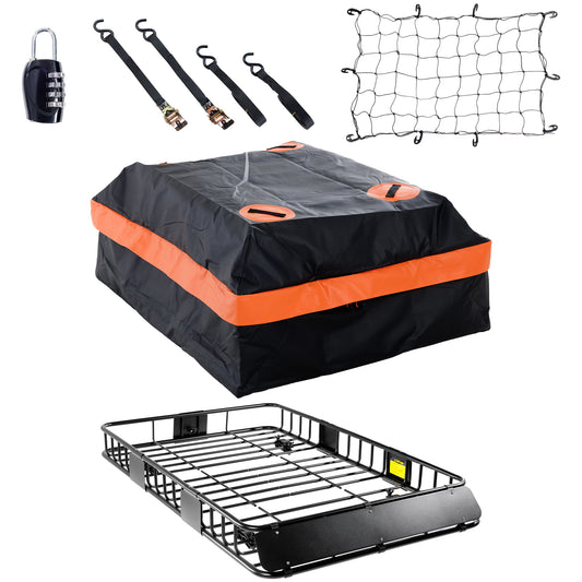 64 X 39 X 6 Inch Heavy Duty 250LB Roof Rack Cargo With 500D Waterproof Cargo Bag, Net & Ratchet Strap, Car Top Luggage Holder Basket For SUV, Truck Or RV Camping Storage Steel Construction