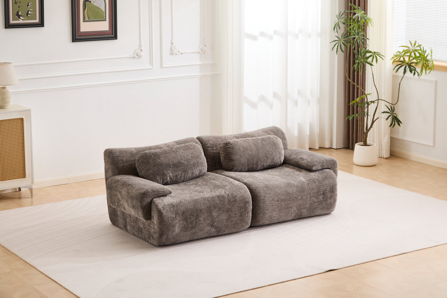 Compression Wave Sofa, Convertible Floor Sofa Bed, DIY Boneless Modular Sectional Sofa, No Assembly Required, Rabbit Velvet Fabric, 2-Seater, Light-grey