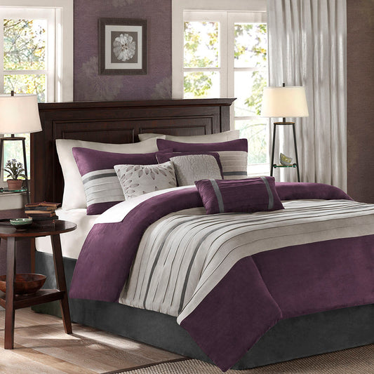 7 PC Pieced Faux Suede Comforter Set Purple Full