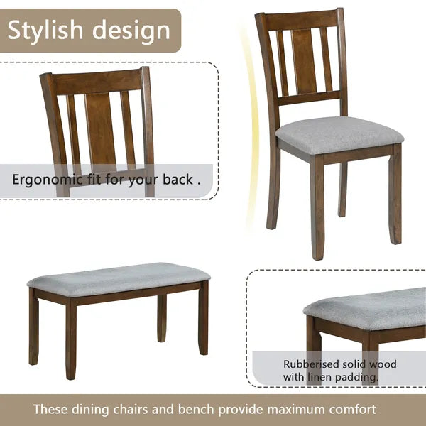 6 Piece Kitchen Dining Set, Rectangular Wooden Dining Table With 4 Upholstered Chairs And A Bench, Dining Table Set For 6 People, Living Room, Home Bar And Kitchen, Walnut