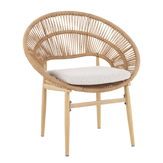 Cyril Outdoor Wicker Papasan Style Dining Chair Teak Finished Leg And Light Brown Faux Rattan Beige Cushion Set Of 2