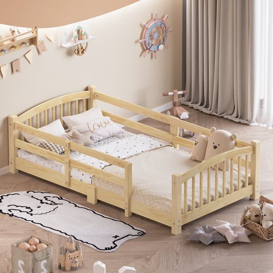 Twin Montessori Floor Bed With Slats And Safety Guardrails, Solid Wood Floor Bed With Fence And Without Door, Easy Assemble Montessori Bed For Girls And Boys, Natural