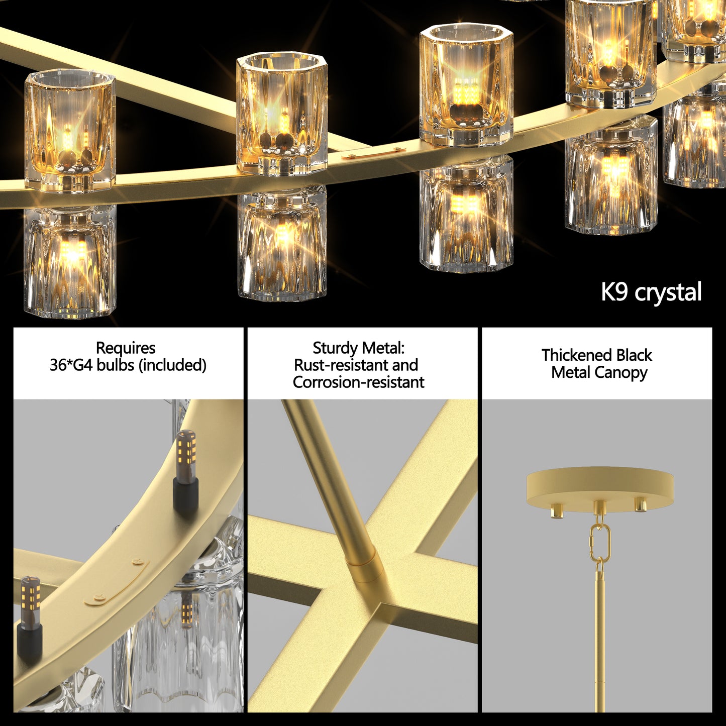Modern 36 Gold Round Chandelier Light Fixture, K9 Crystal Chandeliers For Dining Room, Living Room, Dining Room Chandeliers Over Table, Chandelier For Bedroom, Foyer, Includes 36XG4 Bulbs