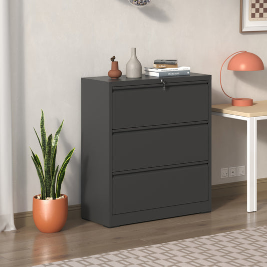 Lateral File Cabinet 3 Drawer, Black Filing Cabinet With Lock, Lockable File Cabinet For Home Office, Locking Metal File Cabinet For Legal Letter A4 F4 Size