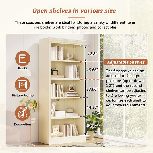 83.4 Tall Wood Bookcase With Light Strip,5-Tier Decor Bookshelves With Adjustable Shelves,Storage Organizer For CDs Books,Free Standing Storage Shelves For Living Room,Home Office,Beige And Yellow