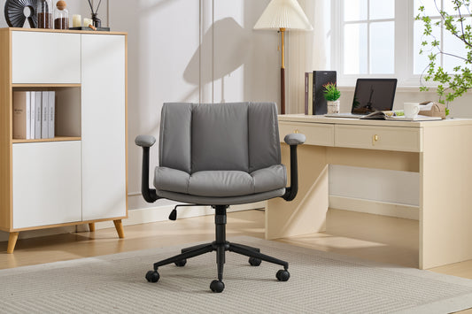 With Flip-Up Armrests Leather, Cross Legged Office Chair On Wheels, Comfy Swivel Chair With Wide Seat For Home Office, Vanity, Ergonomic Desk Chair Adjustable, GREY