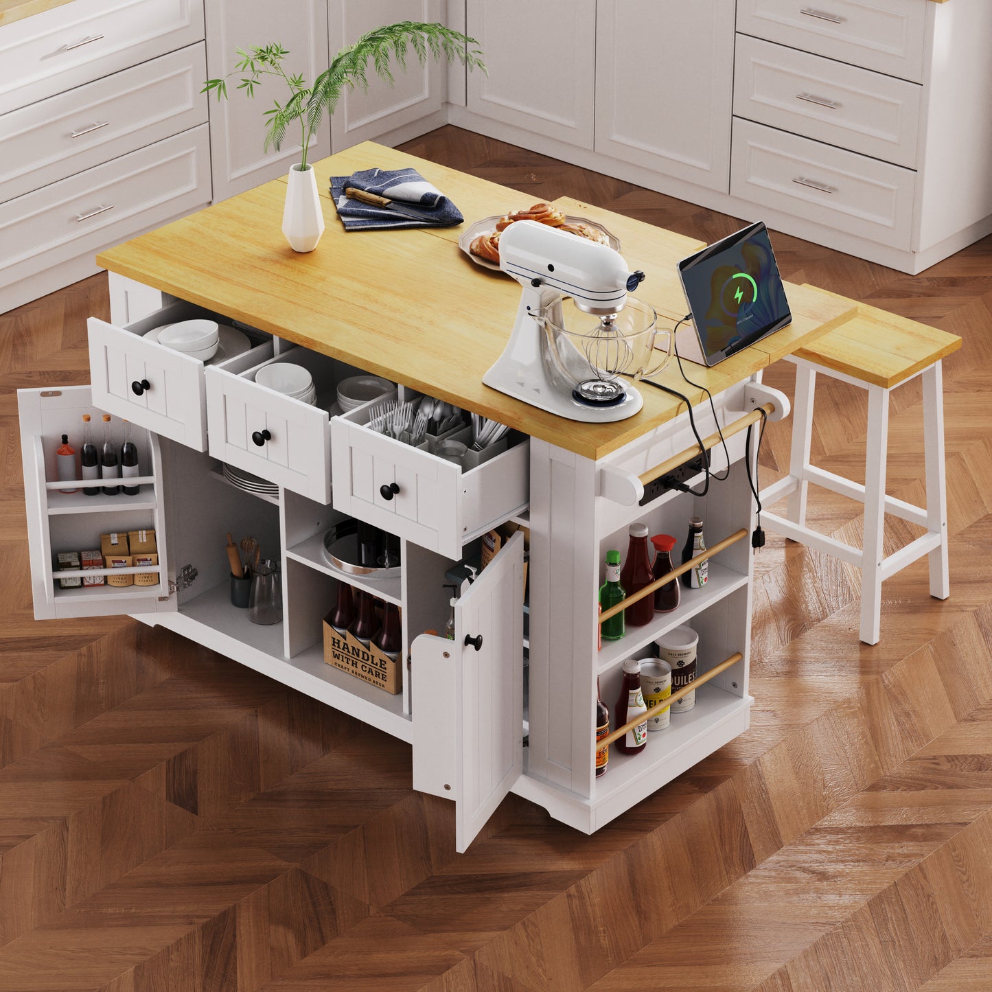 K&K 53inch Large Kitchen Island With 2 Bar Stools, Power Outlet,Door Internal Storage Rack, Kitchen Storage Cart On 5 Wheels With Drop Leaf, 5 Open Side Racks, 3 Drawers,White Three Packages