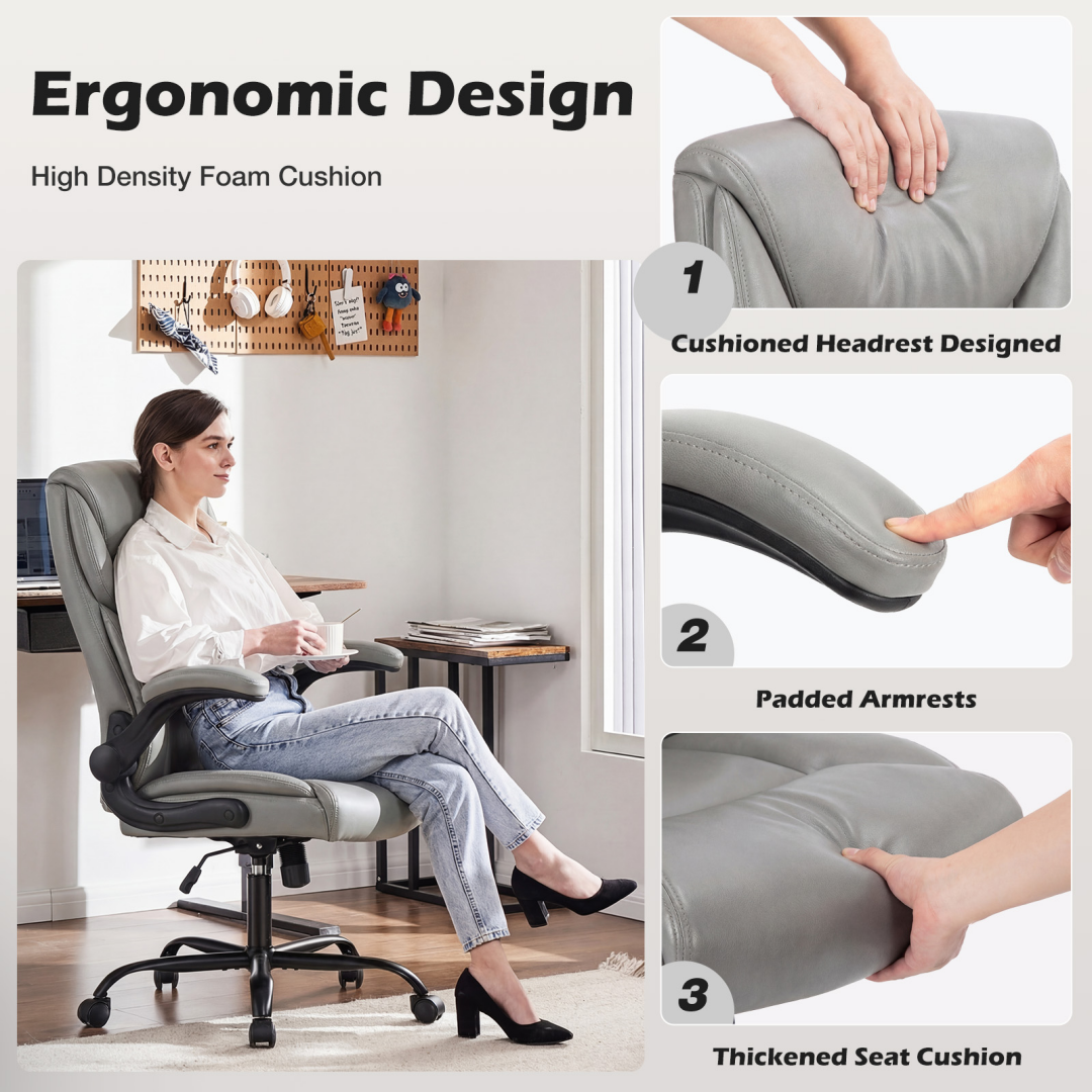 Office Computer Game Chair, High-backed Heavy-duty Workbench Chair, With Wheels, Flip-up Armrests, Adjustable Height, PU Rubber Material