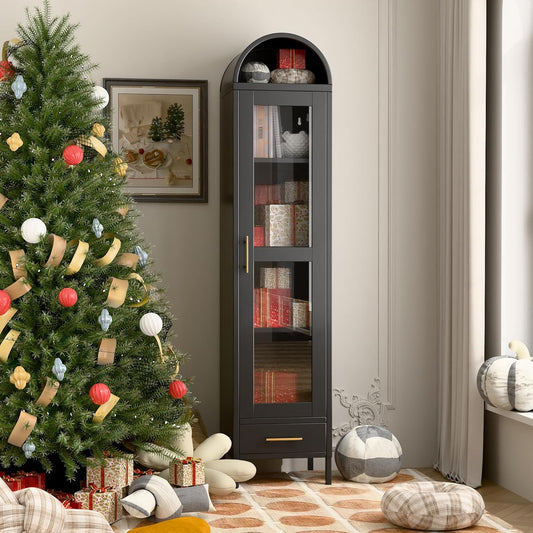 Metal Arched Bookcase Cabinet, Arch Display Storage Cabinet With Glass Doors & Shelves And 1Drawer For Living Room, Kitchens,Office, Black, Assembly Required