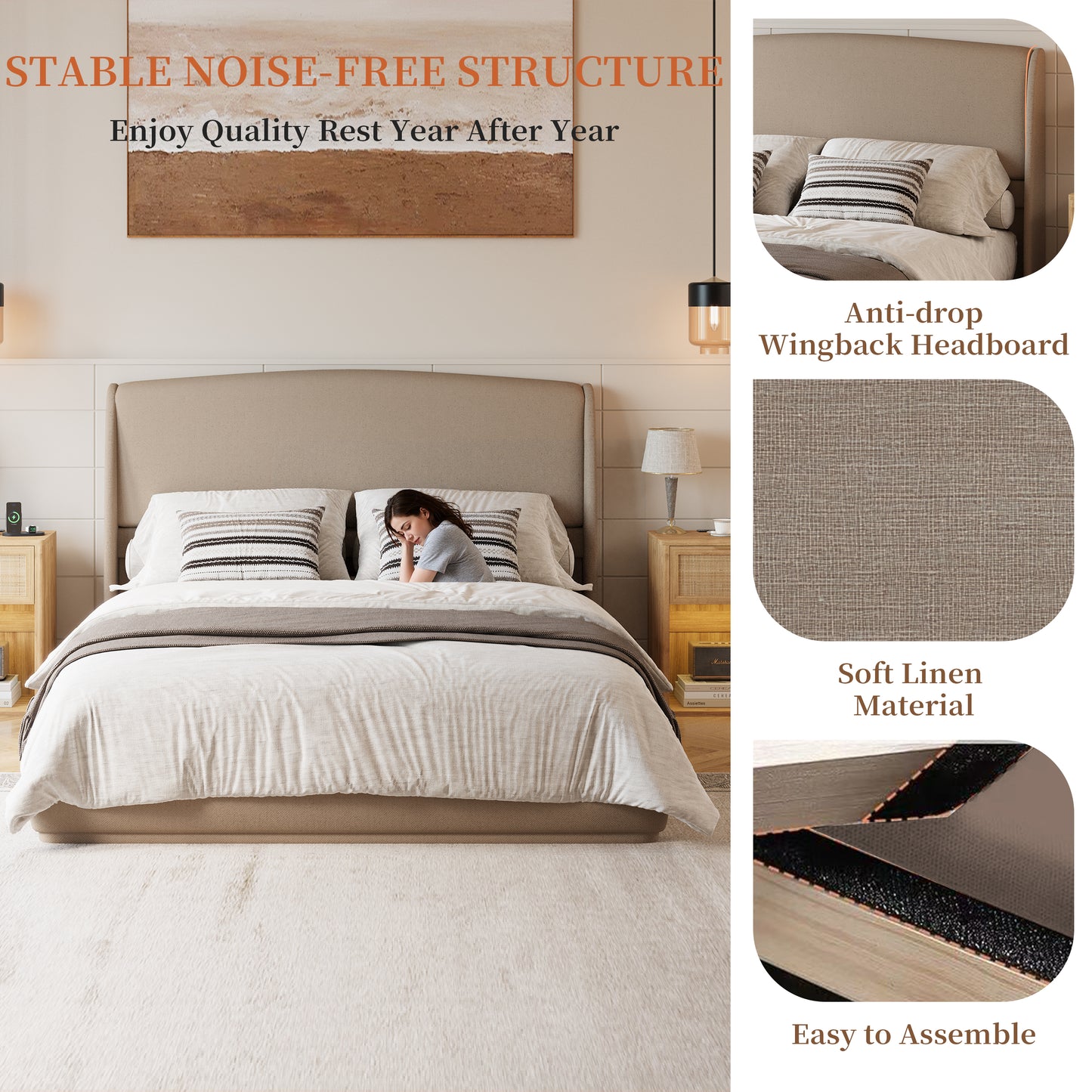 Upholstered Queen Bed Frame With Wingback Headboard, Low Profile Platform Bed With Padded Headboard, No Box Spring Needed, Easy Assembly, Elegant Linen Fabric, Brown