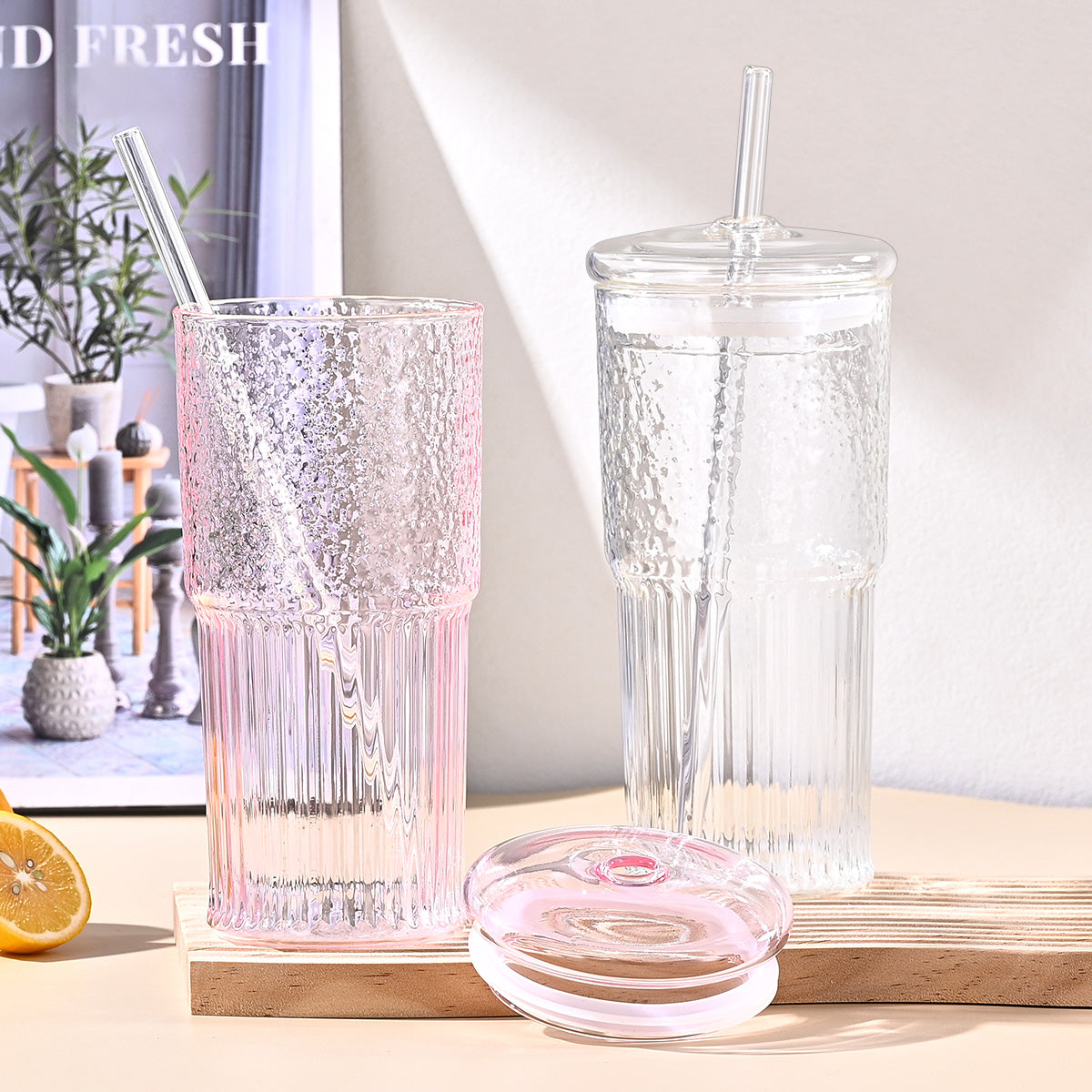 20 Oz 2-pack Pink Glass Straw Cup With Vertical Pattern Cup And Lid, High Borosilicate Heat-resistant Glass Cup For Juice, Milk And Cold Drinks