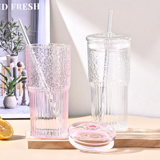 20 Oz 2-pack Pink Glass Straw Cup With Vertical Pattern Cup And Lid, High Borosilicate Heat-resistant Glass Cup For Juice, Milk And Cold Drinks