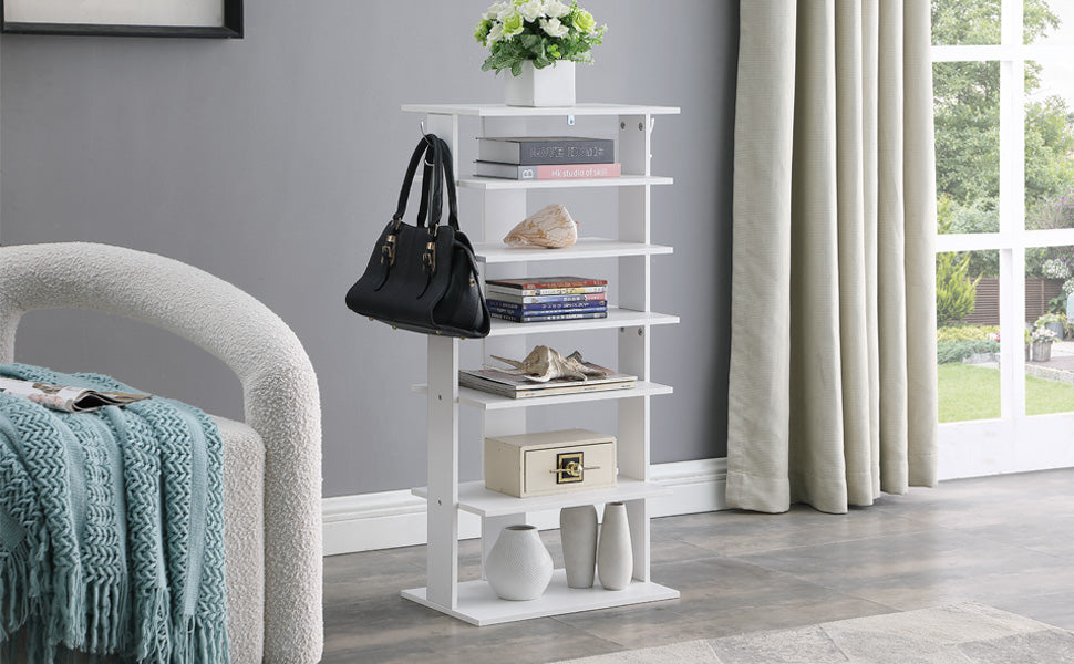 Vertical Shoe Rack,7 Tier Shoe Storage Organizer With Hooks, Entryway Shoe Tower,Vertical Shoe Organizer,Vertical Shoe Organizer,White