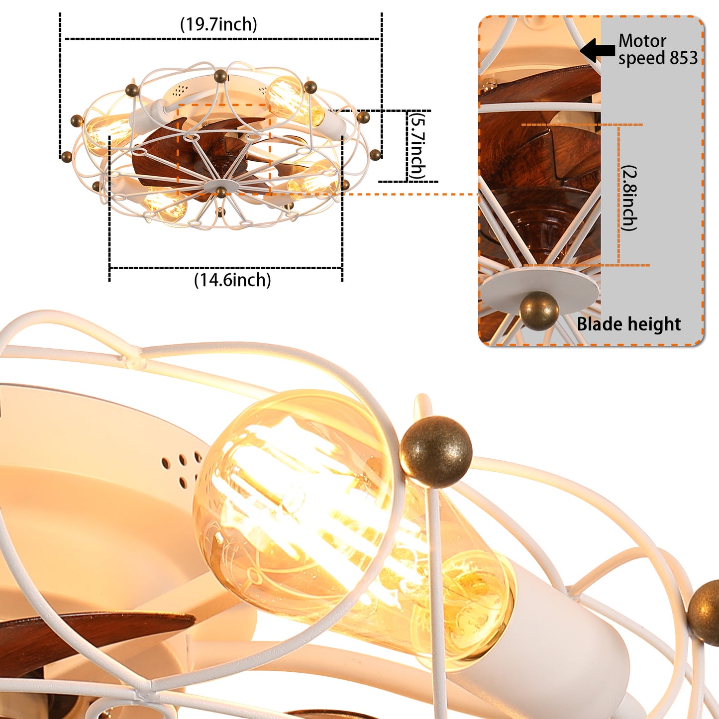Low Profile Caged Ceiling Fan With Lights Remote Control, Embedded Modern Industrial Ceiling Fan
