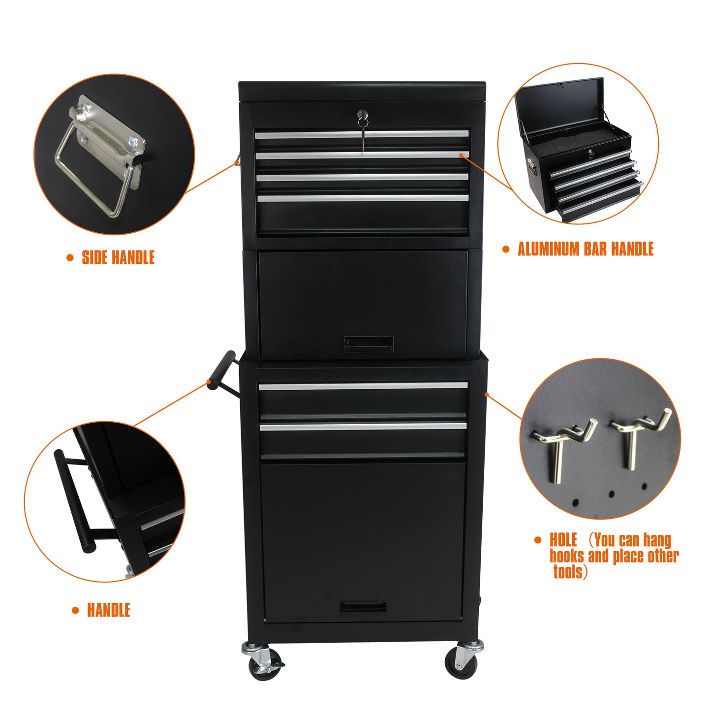 Tool Cabinet On Wheels, 6-Drawer Lockable Rolling Tool Chest W 4 Universal Wheels, 2 In 1 Detachable Tool Box Storage Organizer For Garage Workshop Repair Shop, Black