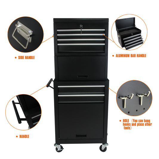 Tool Cabinet On Wheels, 6-Drawer Lockable Rolling Tool Chest W 4 Universal Wheels, 2 In 1 Detachable Tool Box Storage Organizer For Garage Workshop Repair Shop, Black