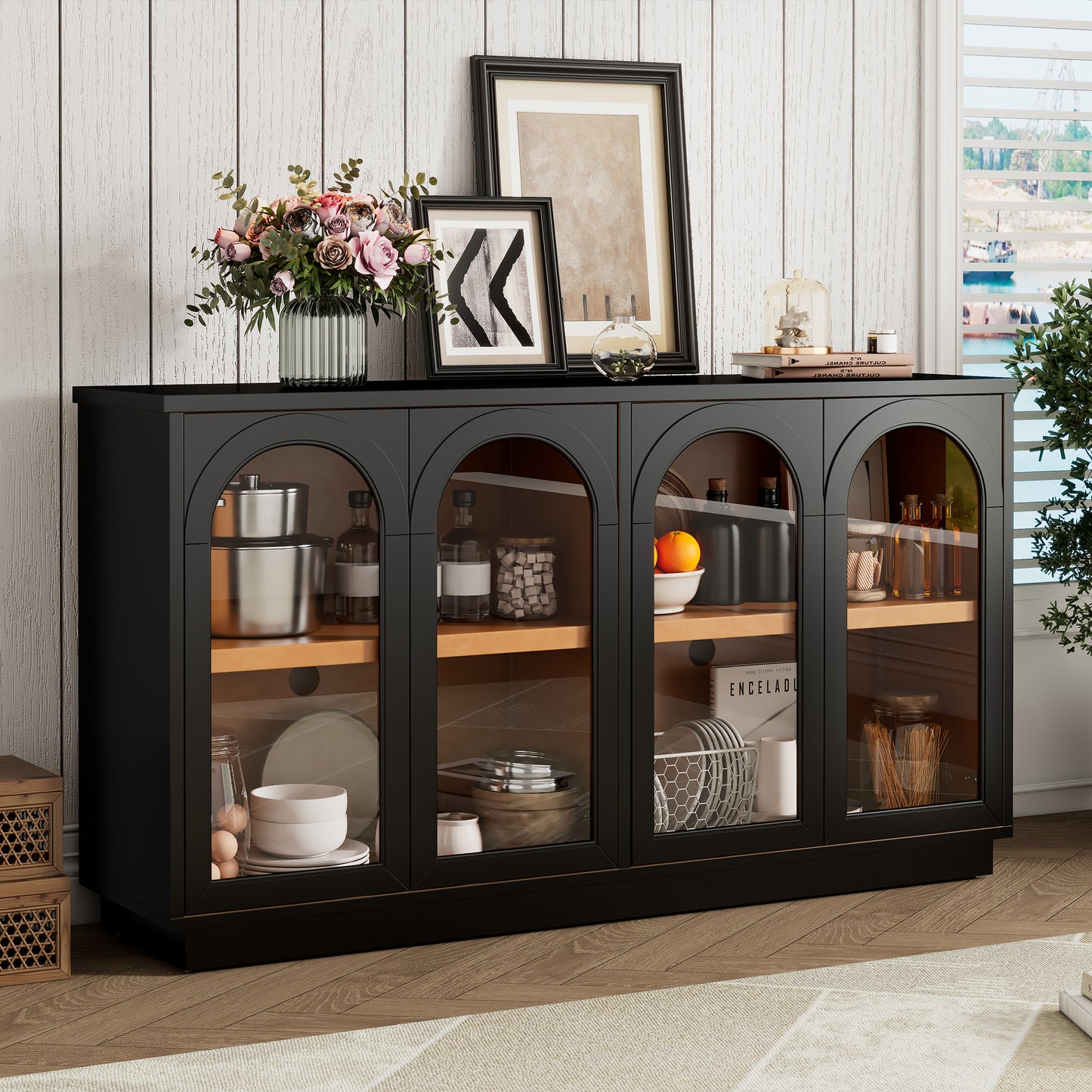 TREXM 4-Door Large Storage Buffet Cabinet With Glass Doors  Arched Cabinet With Adjustable Shelves For Kitchen  Dining Room And Living Room  Black