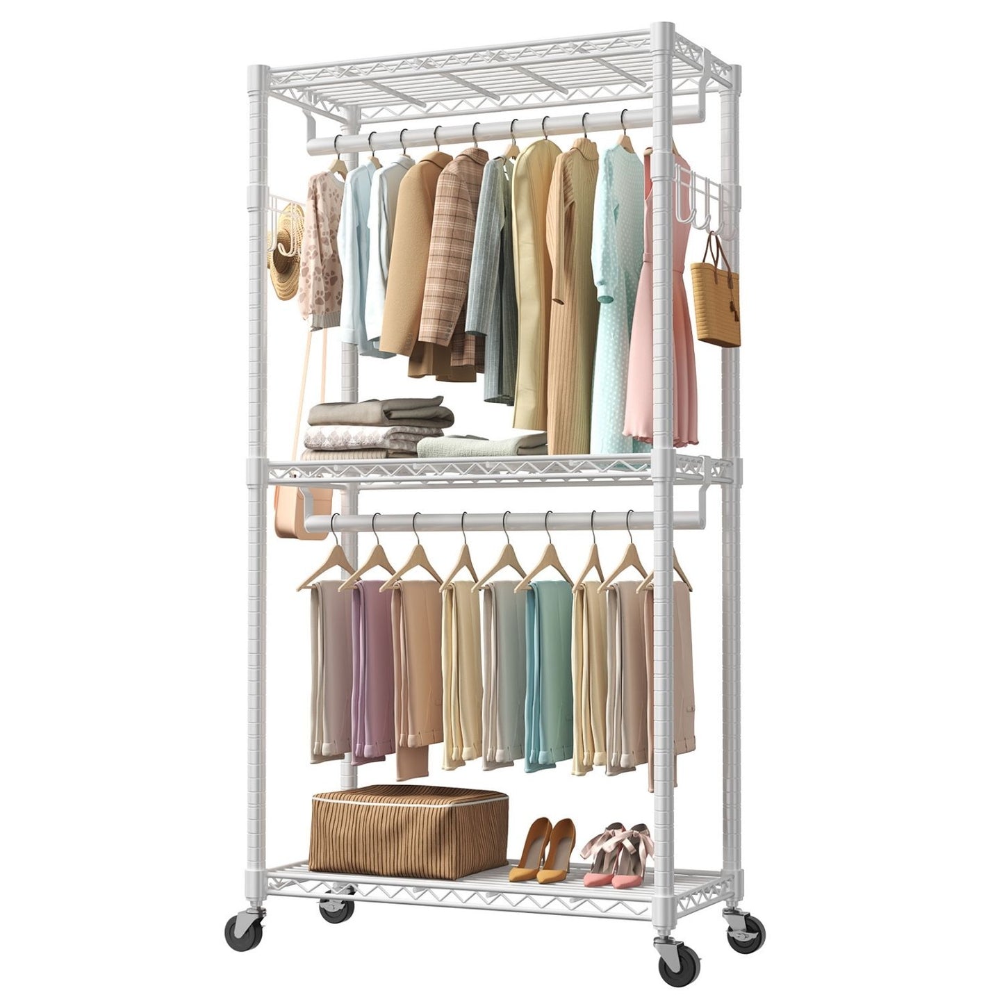 Adjustable Clothes Hanger, A Metal Movable Wall-mounted Hanger With Wheels, Used For Hanging Clothes, Equipped With 2 Side Hooks And 2 Rods