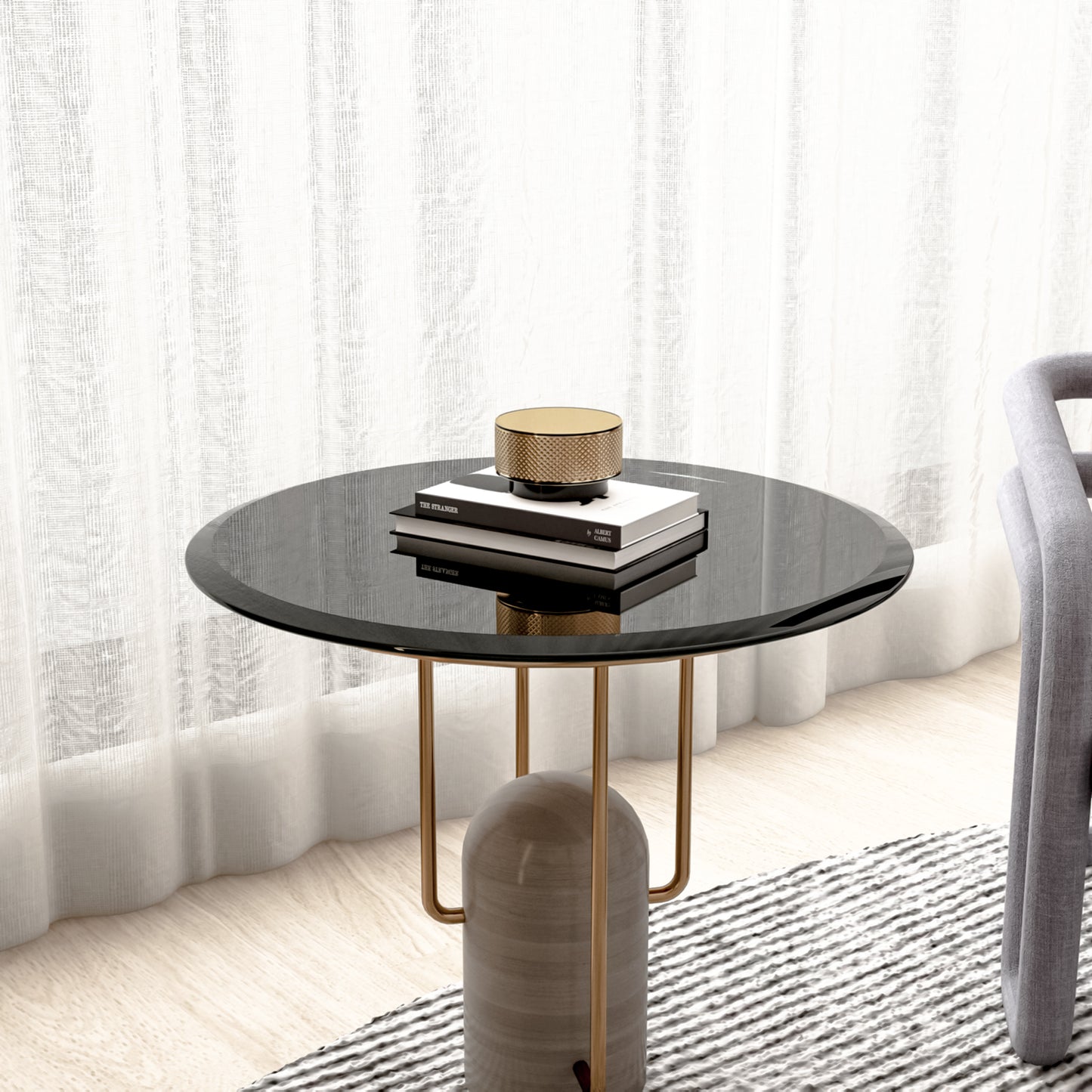 24  Inch Round Tempered Glass Table Top Black Glass 2-5 Inch Thick Beveled Polished Edge