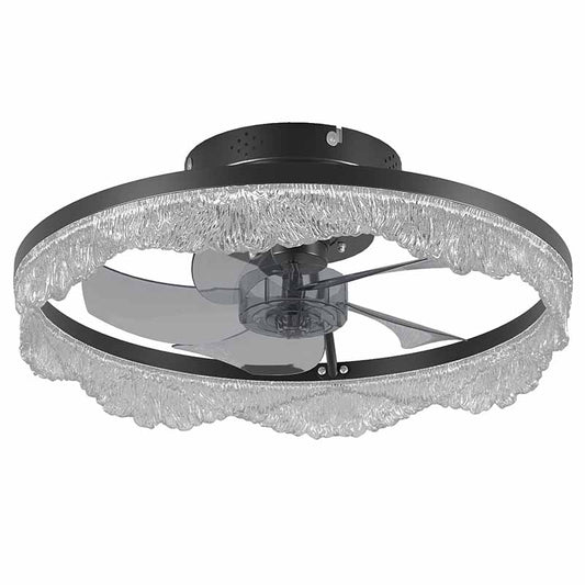 16 Decorative LED Ceiling Fan Light  Modern Flush Mount With Crystal-Inspired Acrylic Ring, Hidden Blades, Remote Control, And Dimmable Light For Stylish Homes  Black