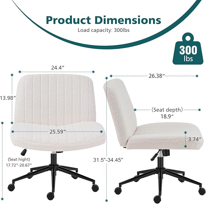 Office Desk Vanity Chair Cross Legged Armless Swivel Fabric Height Adjustable Wide Seat With Replaceable Wheels-Fixed Base, Comfy Task Chair Padded