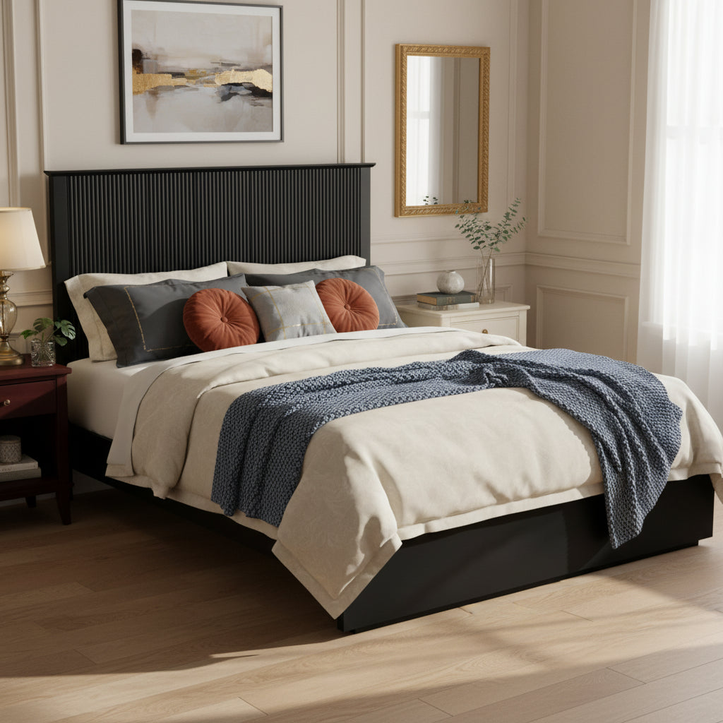 Stylish King Size Bed Frame - Black Solid Wood King Bed, 600lbs Weight Limit, Compatible With 8 - 10  Mattress, Contemporary Bedroom Furniture