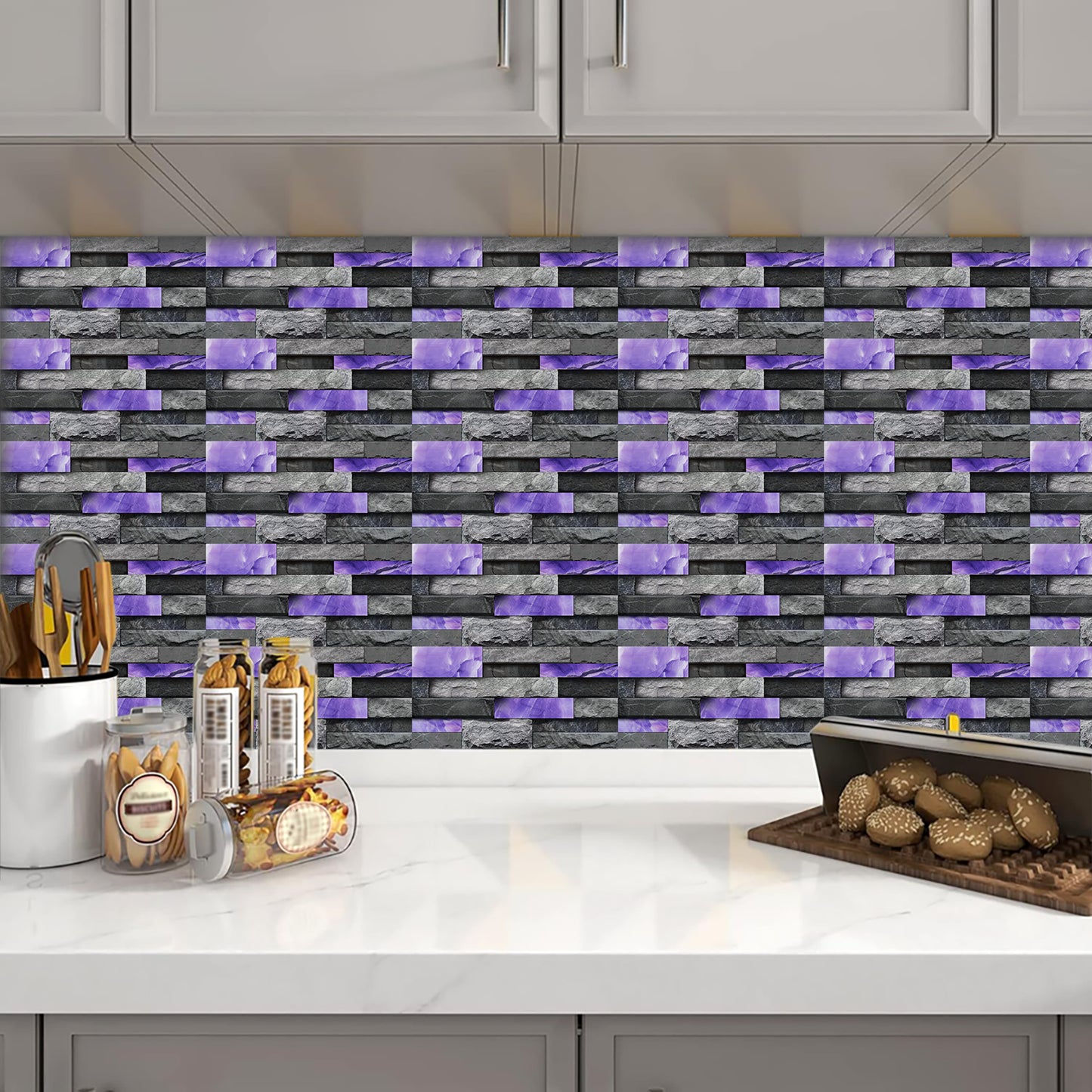 Peel And Stick Splash Proof Marble Wall Tiles, Waterproof And Oil Resistant, Purple Glossy Imitation Stone Wall Sticker