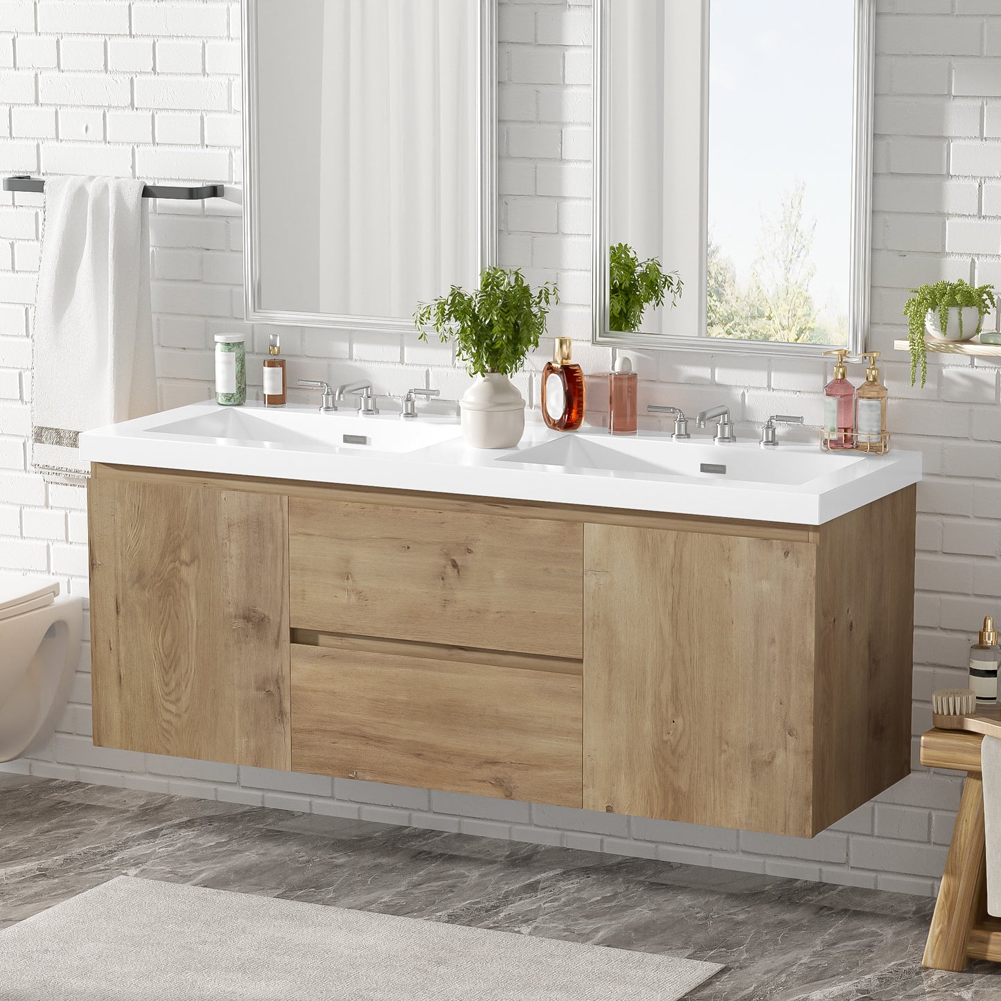 59.3 Inch Double Sink Bathroom Vanity With SMC Top, MDF Cabinet, Soft Close Doors, Divided Drawers, Wall-Mounted Modern Storage Vanity For Large Bathrooms
